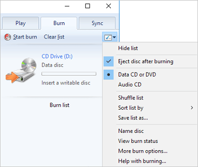 Windows Media Player Burn Options