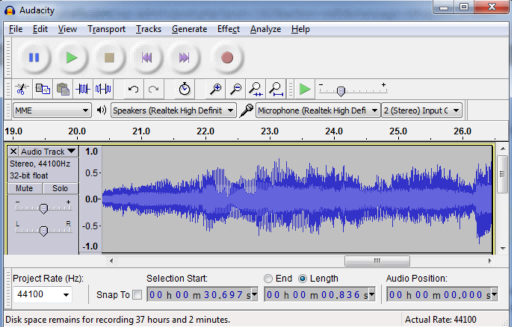 Interface principal de Audacity