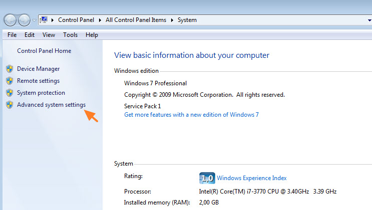 システムの詳細設定 Windows7
