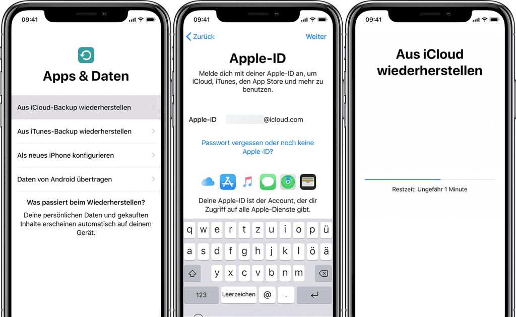 Auf der Seite Apps Daten die Option „aus iCloud Backup wiederherstellen“ wählen