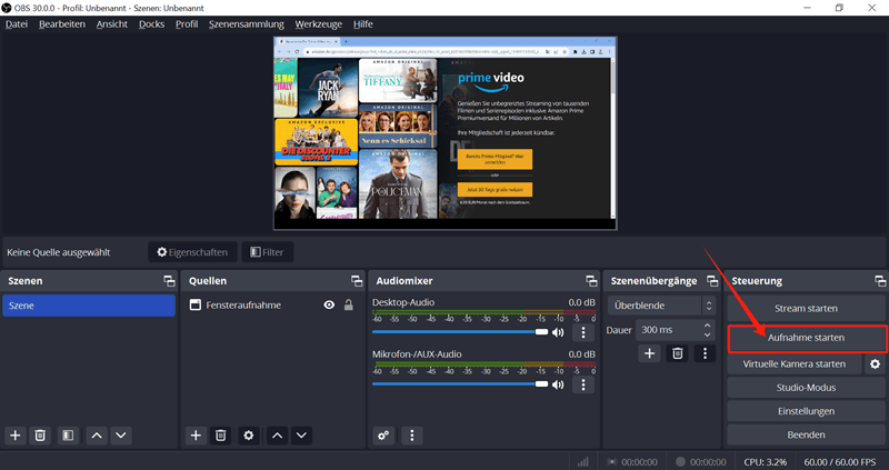 Aufnahme Prime Videos mit OBS starten