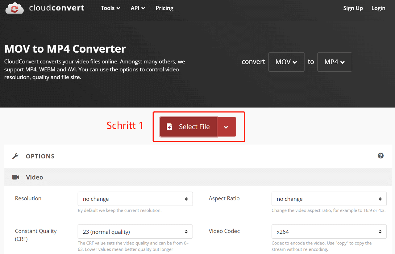 Auswahl der Quelldaten - CloudConvert