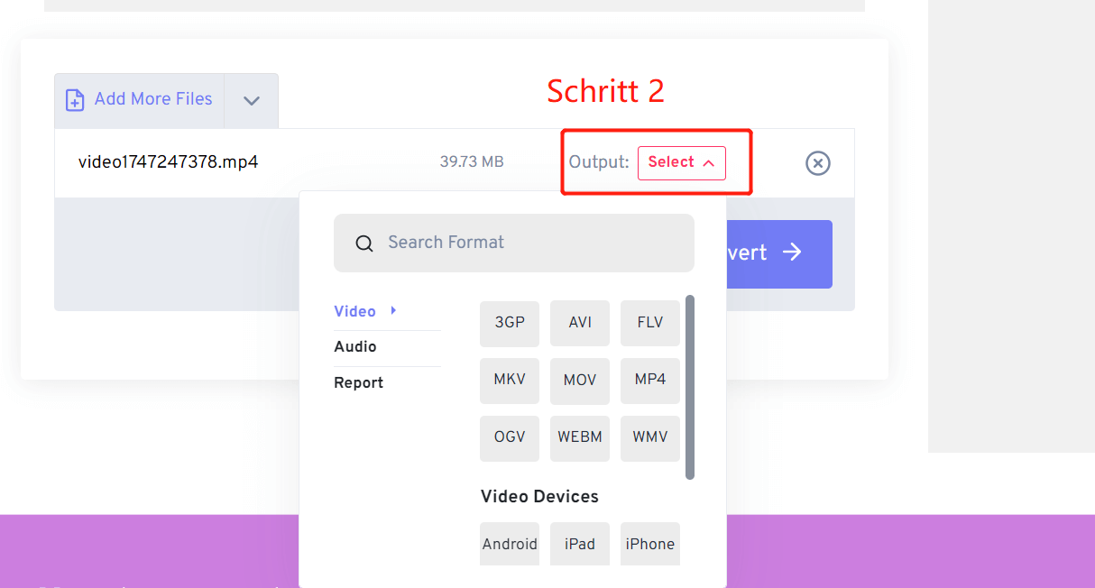 Auswahl des gewünschten Formats für die Konvertierung - FreeConvert.com