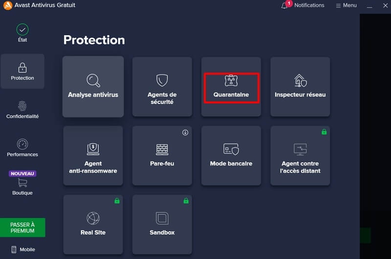 Sélectionner Quarantaine d'Avast