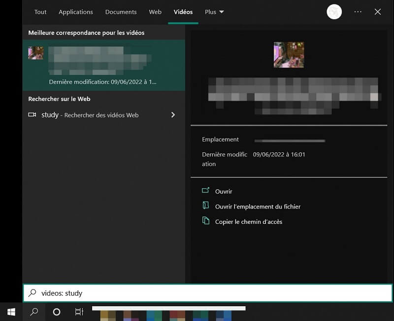 Rechercher la vidéo via le menu Démarrer