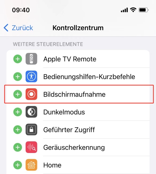 „Bildschirmaufnahme“ ins Kontrollzentrum hinzufügen