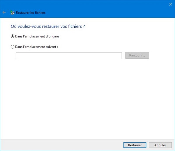 Choisir l’emplacement de fichier restauré sur PC