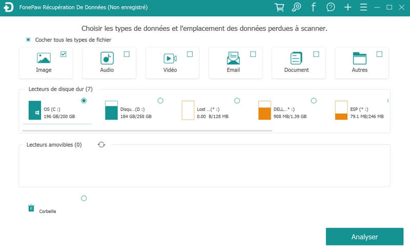 Sélectionner les types de données et le disque dur formaté