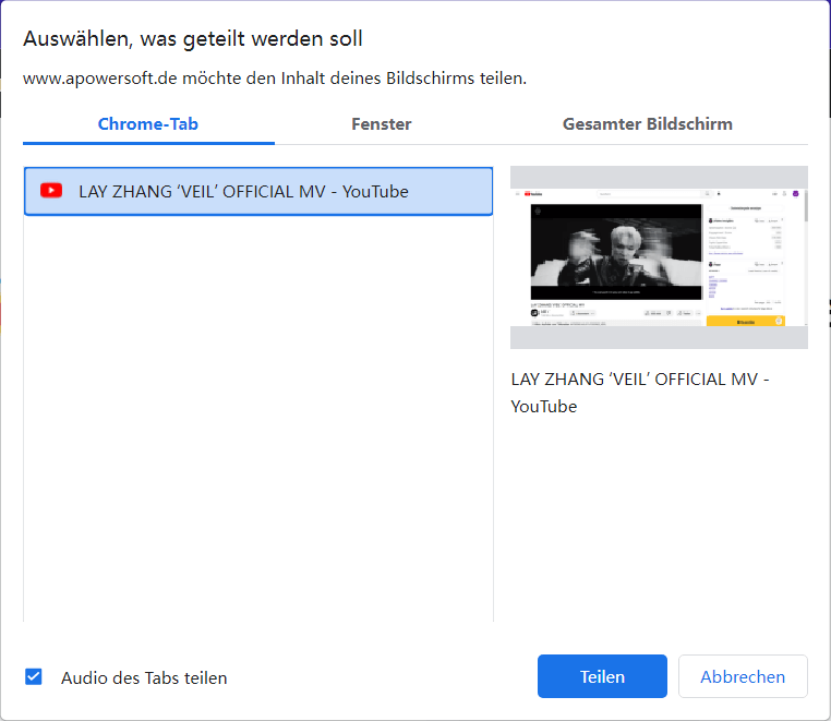 Chrome-Tab zum Aufnehmen auswählen