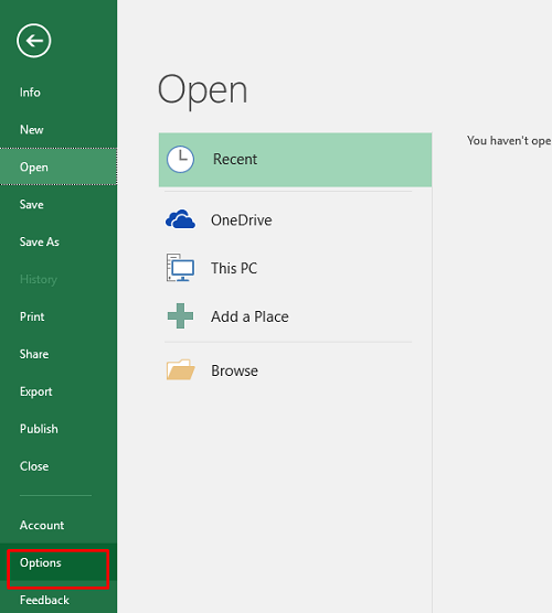 Click Options in Excel