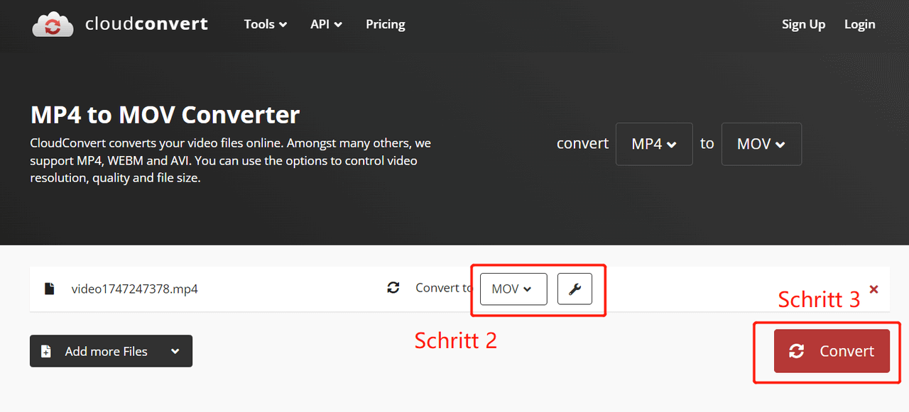 Dateiformat wählen und auf convert klicken - CloudConvert