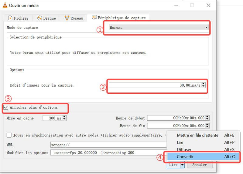 Définir les options VLC pour enregistrer l’écran