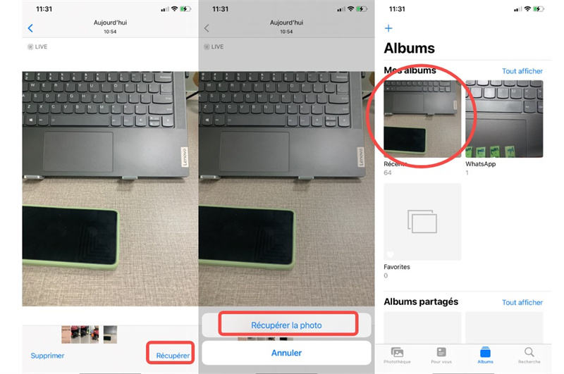 supprimés récemment de l'album sur iPhone