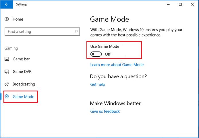 Disable Game Mode Windows Settings