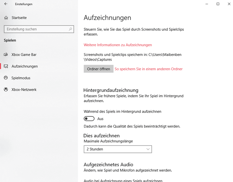 Einstellungen vor dem Spiel Aufnehmen anpassen