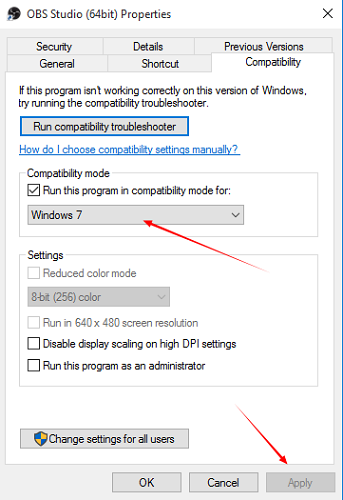 Enable Compatibility Mode OBS Properties