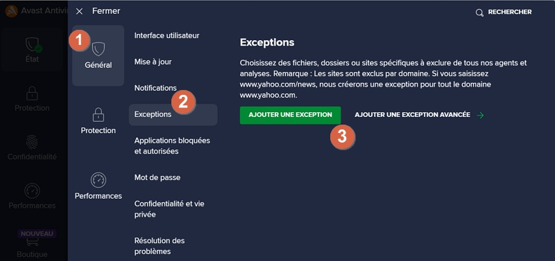 Ajouter une exception dans Quarantaine