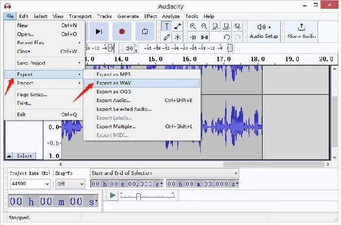 Esporta l'audio registrato su Audacity