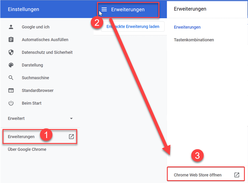 Gehen Sie zu Einstellung erweiterungen Chrome Web Store öffnen