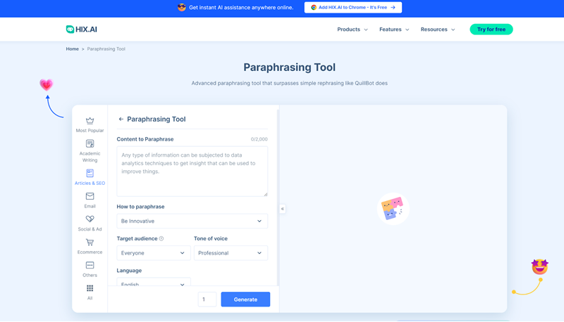 HIX.AI Paraphrasing Tool