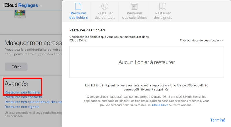 Récupérer les fichiers supprimés depuis iCloud