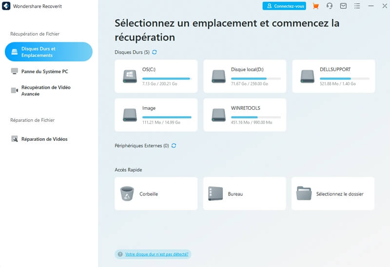 Interface principale de Wondershare Recoverit