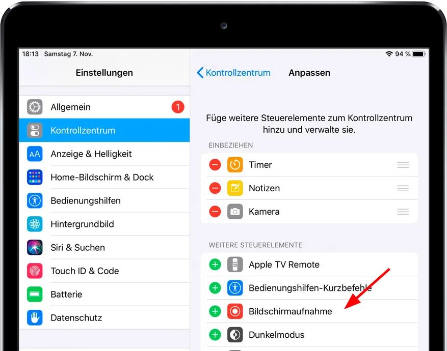 „Bildschirmaufnahme“ ins Kontrollzentrum hinzufügen