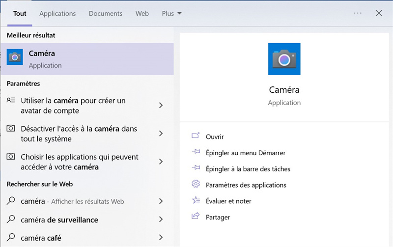 Lancez Windows Camera sur l'ordinateur Windows