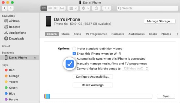 Manage Music Option in iTunes