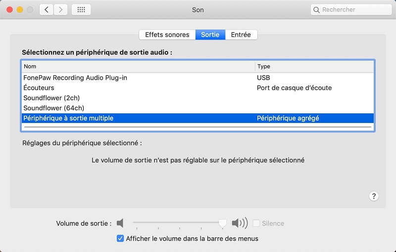 Choisir la périphérique à sortie multiple dans la Préférence Son