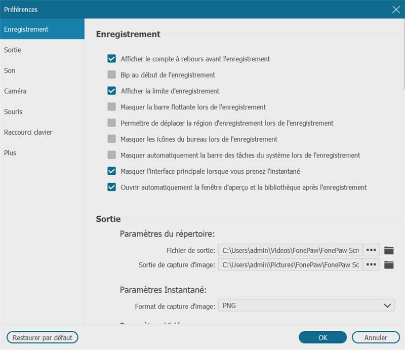  FonePaw Enregistreur d'écran Préférences 