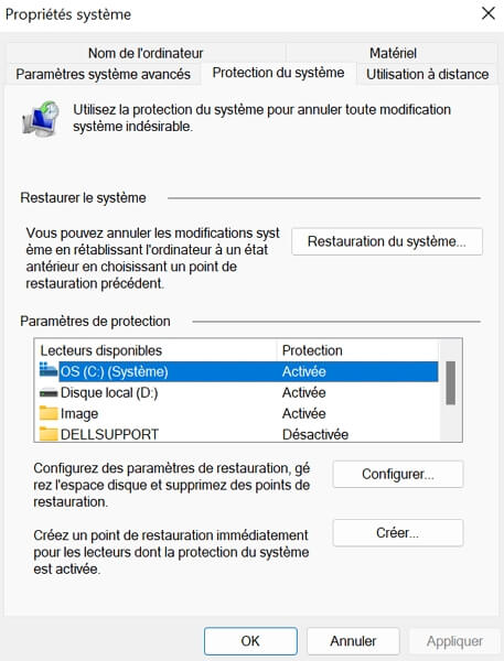 Créer le point de restauration sur PC