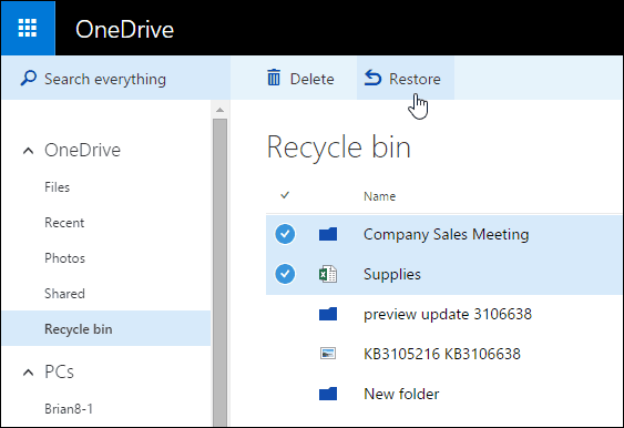 Recuperar da Lixeira do Onedrive