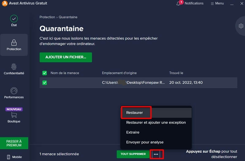 Récupérer les fichiers dans la Zone de quarantaine