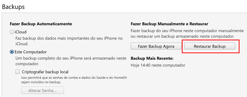 Restaurar Backup do iTunes