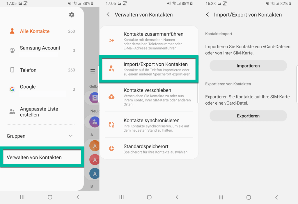 Samsung Kontakte von SIM-Karte importieren