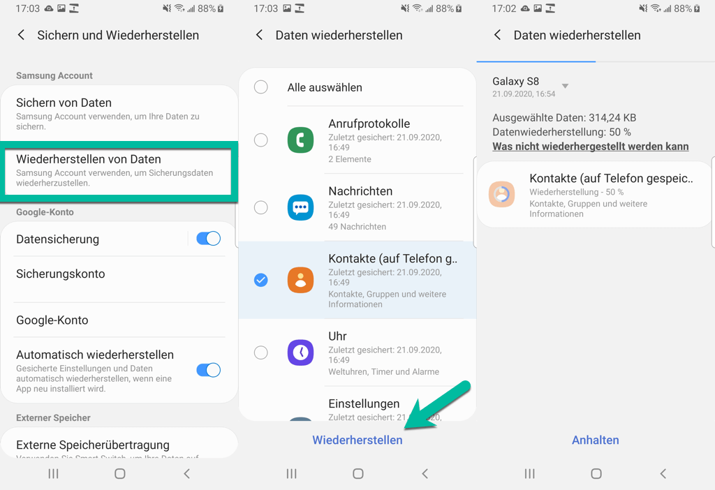 Samsung Konto Kontakte wiederherstellen