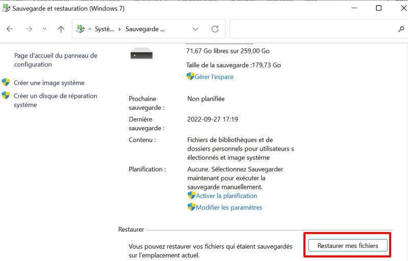 Récupérer les données du disque formaté via la sauvegarde Windows