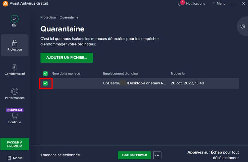 Sélectionner les fichiers supprimés par Avast