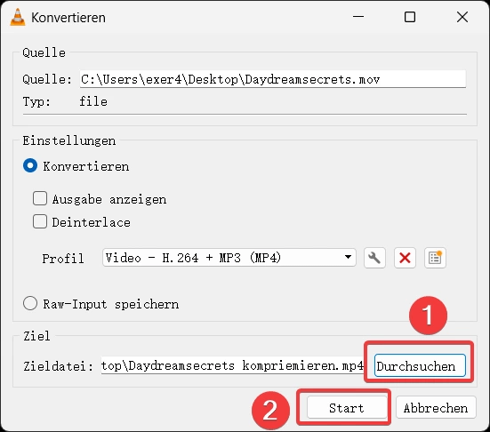 Speicherziel definieren und MOV Datei komprimieren
