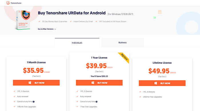 Android용 Tenorshare UlData 가격