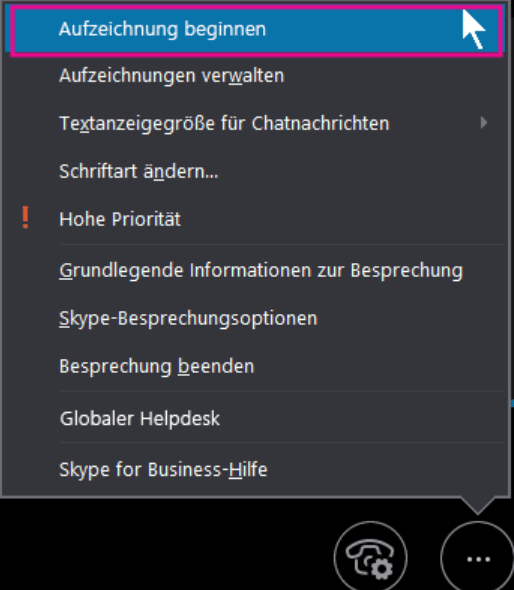 Um die Aufnahme des Anrufs zu starten, wählen Sie „Aufzeichnung beginnen“