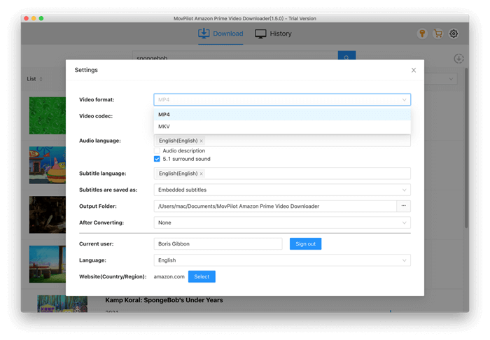 MovPilot Amazon Prime Video Downloader 설정