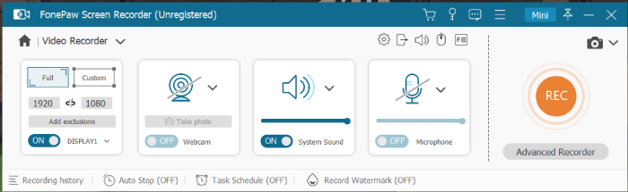 Interfaccia del registratore dello schermo FonePaw