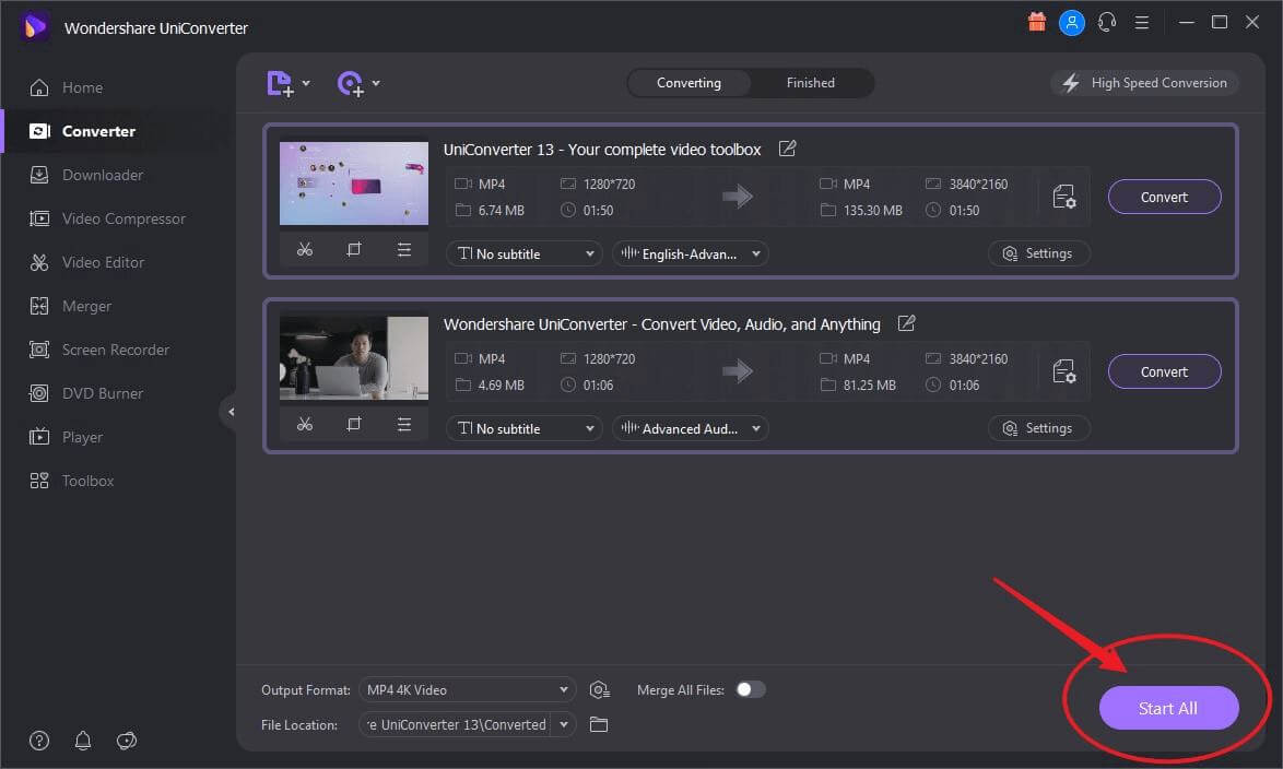 Videokonvertierung wird gestartet - Wondershare