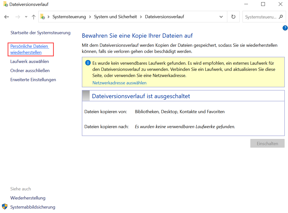 Persönliche Dateien wiederherstellen auswählen