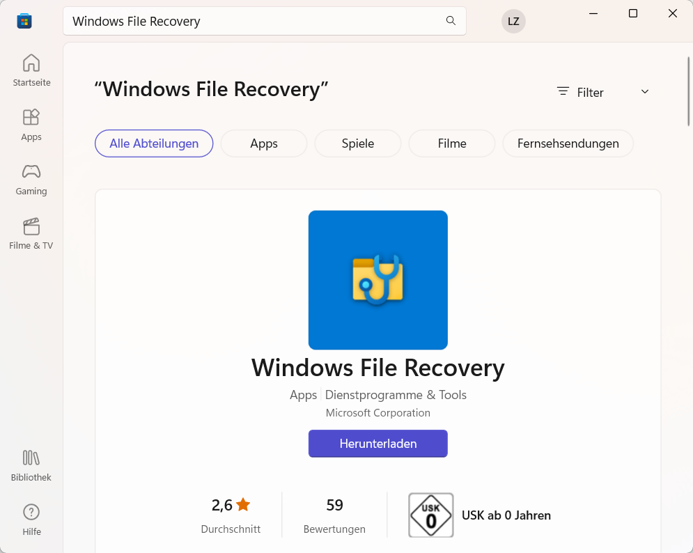 Windows File Recovery auf Win 10 herunterladen