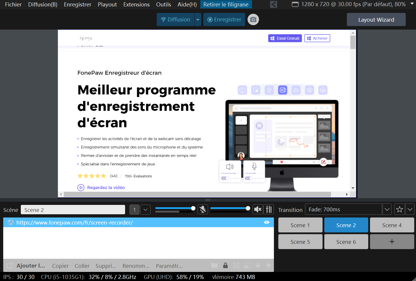 Interface principale de Xsplit Broadcaster