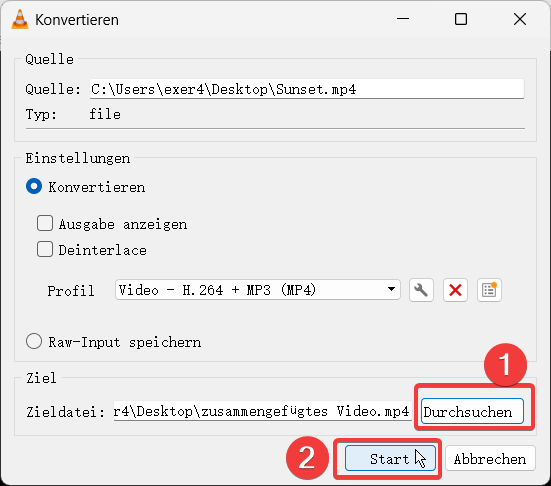 Zusammengefügtes Video von VLC exportieren