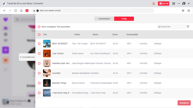 Die Aufnahme von Deezer-Musik beenden